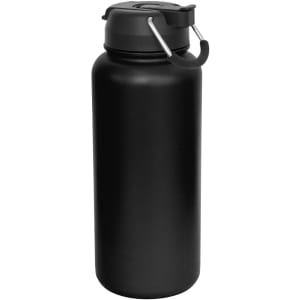 A drink bottle in matte black with a lid and metal handle, featuring a minimalist design and a branding logo.
