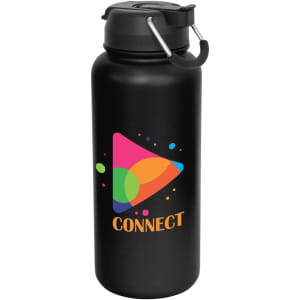 A drink bottle in black with a colourful logo and a screw-top lid. It features a handle for easy carrying.
