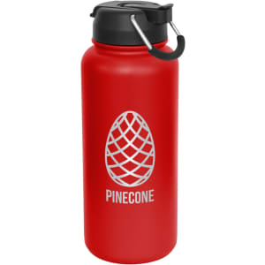 A drink bottle in vibrant red with a black lid and a logo featuring a pinecone design.