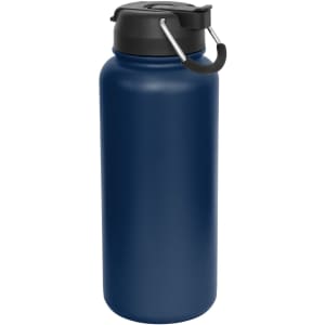 A drink bottle in navy blue with a black lid and carry handle, featuring a logo.