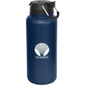 A drink bottle in navy blue with a black lid and a branded logo on the side.