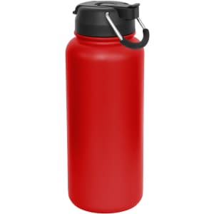 A drink bottle in bright red with a black lid and handle, featuring a sleek, matte finish.