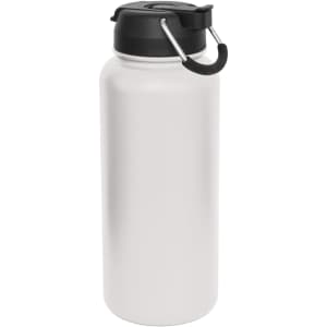 A drink bottle with a white body and a black lid, featuring a carrying handle and a logo.