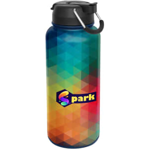 A drink bottle with a multicoloured geometric design and a black lid. It features a side handle and a logo.