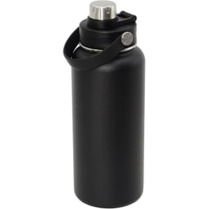 A drink bottle in black, featuring a silver cap and a handle, designed for vacuum insulation.