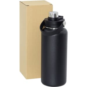 A drink bottle in black, featuring a metal cap and a carry handle, beside a plain cardboard box.