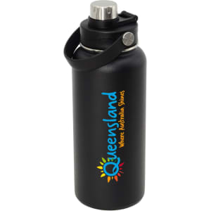A drink bottle with a sleek black design and a metal cap, featuring a logo and colourful text.