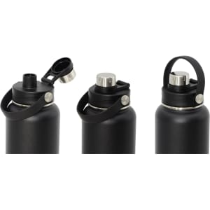A drink bottle in black with a screw-top lid and carry handle, featuring a stainless steel cap and a logo.