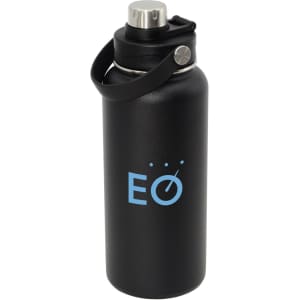 A drink bottle made of stainless steel, featuring a matte black finish and a blue logo.