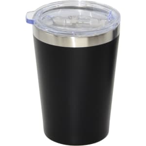A travel mug in matte black with a clear plastic lid and stainless steel band at the top. It features a logo.