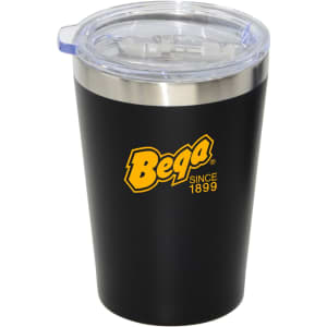 A travel mug in black with a clear lid and a logo on the side. It features a stainless steel rim.