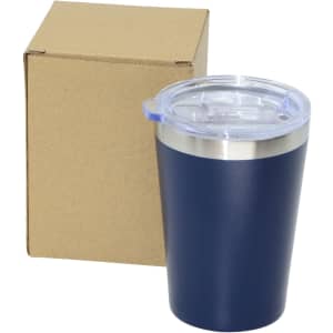 A drink bottle in navy blue with a metal band and clear lid, accompanied by a plain cardboard box.