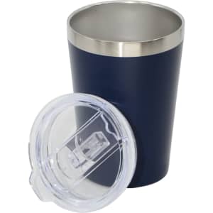 A travel mug in navy blue with a stainless steel interior and a clear lid. It features a logo.
