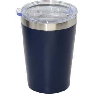 A drink bottle featuring a navy blue exterior, stainless steel base, and a clear lid. It has a logo on the surface.