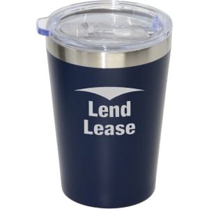 A drink bottle in navy blue with a stainless steel band and a clear lid, featuring a logo on the side.