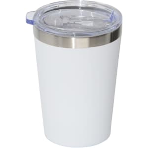 A drink bottle in white with a stainless steel rim and clear lid, featuring a logo.