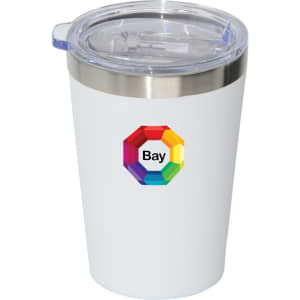 A drink bottle featuring a white body, a clear lid, and a logo in vibrant rainbow colours.