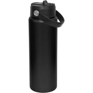 A drink bottle with a sleek black design, featuring a spout and carry handle, along with a logo.