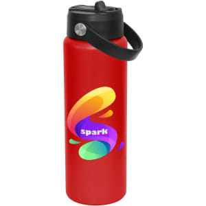 A drink bottle in red with a black lid and carry handle, featuring a multicoloured logo.