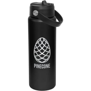 A drink bottle in matte black featuring a spout and a carrying handle, with a logo printed on the side.