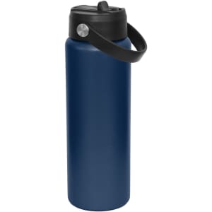A drink bottle in navy blue with a black spout lid and a handle, featuring a logo on the side.