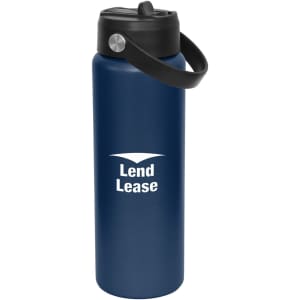 A drink bottle in navy blue with a spout and a black handle, featuring a branded logo.