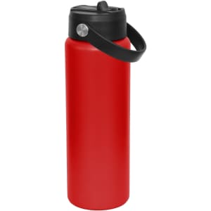 A drink bottle featuring a red body and black spout cap, with a handle for easy carrying.