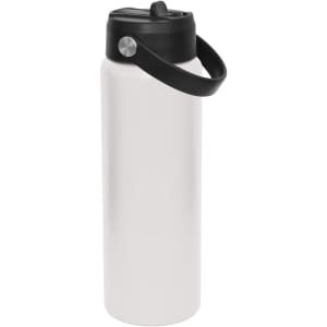 A drink bottle in matte white with a black lid and a black handle, featuring a logo.