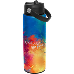 A drink bottle with a vibrant blue and orange design, featuring a black spout lid and a carrying handle. It has a logo.