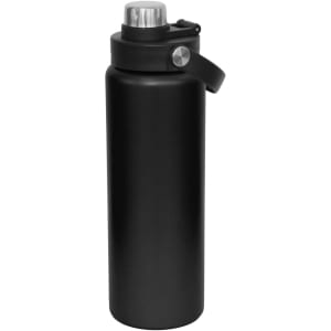 A drink bottle in matte black with a silver screw cap and a carrying handle. It features a logo.