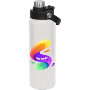 A drink bottle in white with a black screw cap and a colourful logo design.