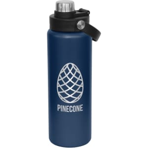 A drink bottle in dark blue with a screw cap, featuring a logo and a carry strap.