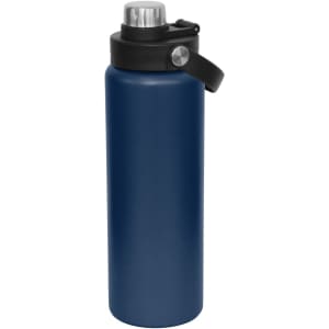 A drink bottle in dark blue with a black screw cap and a carry handle. It features a logo on the side.