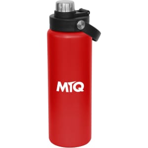 A drink bottle in red with a screw cap and a logo on the side, featuring a black lid and handle.