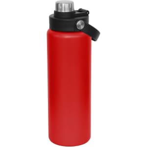 A drink bottle in bright red with a black screw cap and handle, featuring a metal accent.