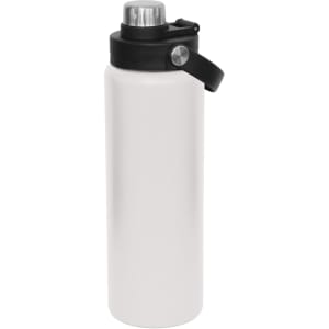 A drink bottle in white with a black screw cap and handle, featuring a metal top and a logo.