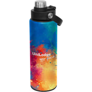 A drink bottle featuring a vibrant, multicoloured design with a screw cap and a black handle. It has a logo.
