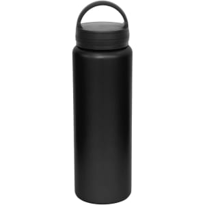 A drink bottle in matte black with a lid and a carry handle, featuring a logo on the body.