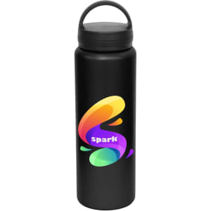 A drink bottle in black with a colourful logo design, featuring a carry lid for convenience.