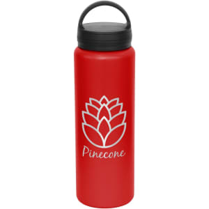 A drink bottle in red with a black carry lid and a logo featuring a floral design.