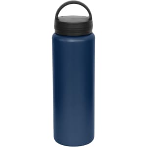 A drink bottle in navy blue with a black carry lid, featuring a handle for easy transport.