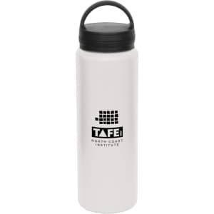 A drink bottle in white with a black carry lid and a logo.
