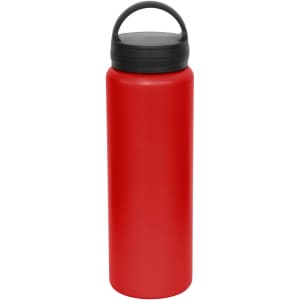 A drink bottle in vibrant red with a black lid and a handle for easy carrying. It features a logo.