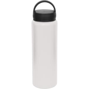 A drink bottle in a sleek white finish with a black lid and handle; features a logo on the surface.