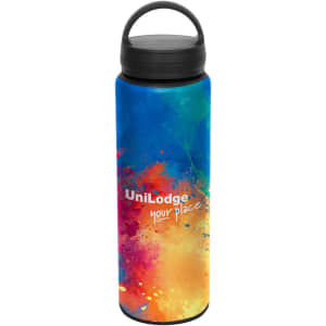 A drink bottle featuring a vibrant blue and orange design with a black carry lid and a logo.
