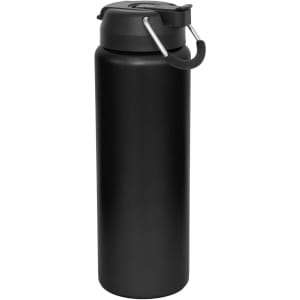 A drink bottle in matte black with a lid and a carrying loop. It features a simple design and has a logo.
