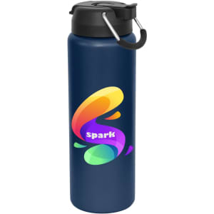 A drink bottle in navy blue with a colourful logo and a black lid featuring a handle.