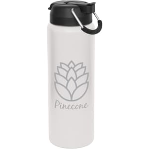 A drink bottle in white with a black lid and handle, featuring a grey logo design.