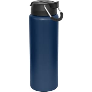 A drink bottle in navy blue with a black lid and carrying handle, featuring a logo on the front.