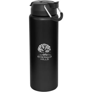 A drink bottle in matte black with a handle and a logo on the front. Suitable for various beverages.